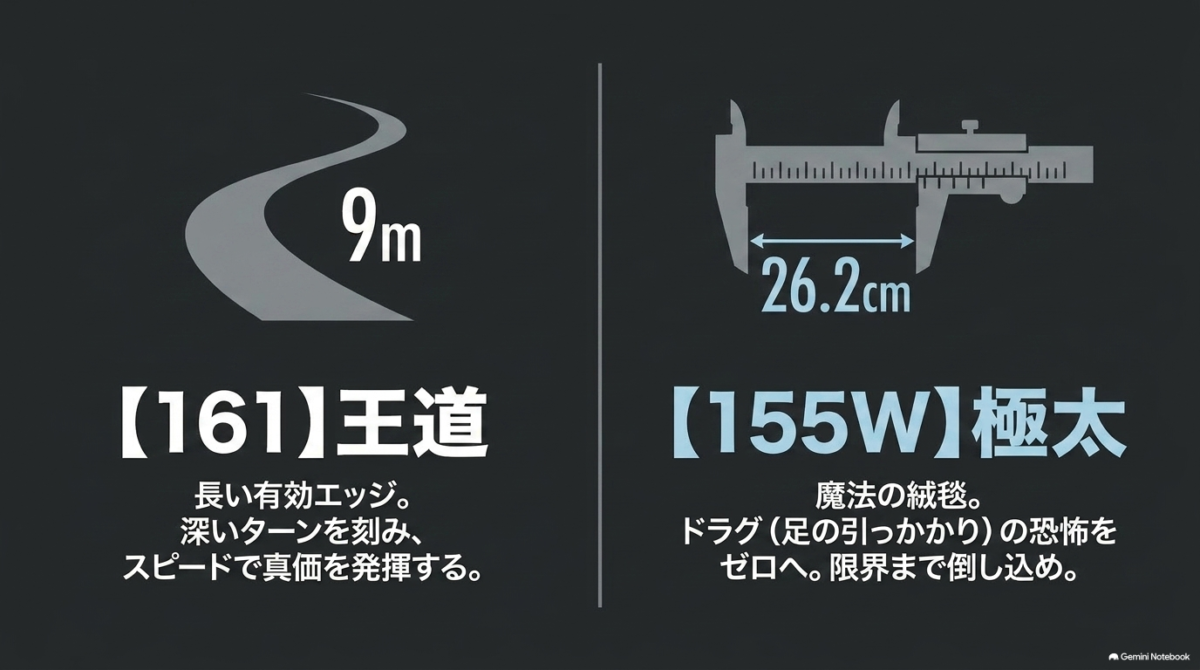 BC STREAM DR161の9mサイドカットと155Wの26.2cmワイド幅を比較した図