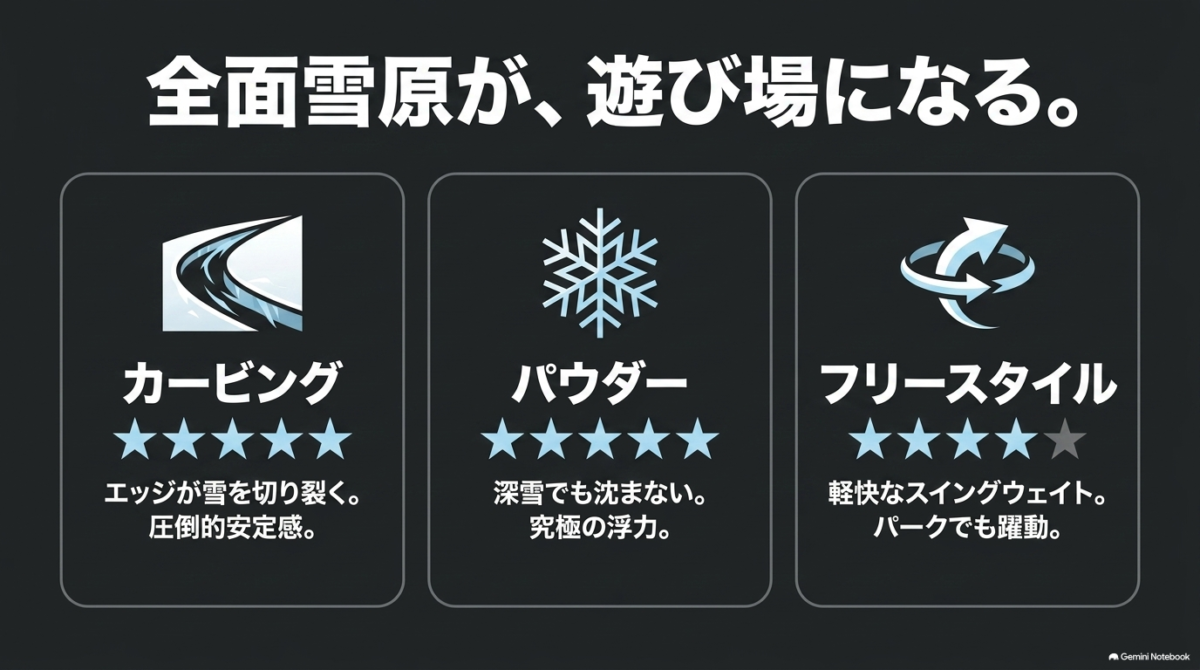 BC STREAM DRのカービング・パウダー・フリースタイル適性を比較した評価図
